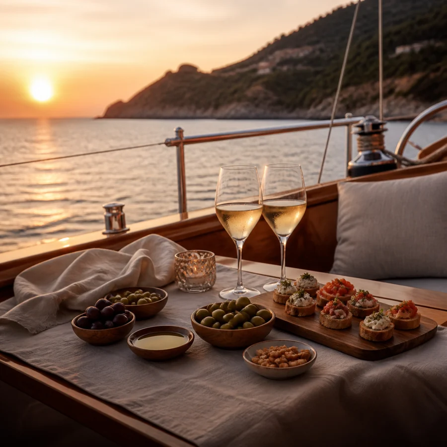 Aperitivo in barca al tramonto con piccoli assaggi mediterranei