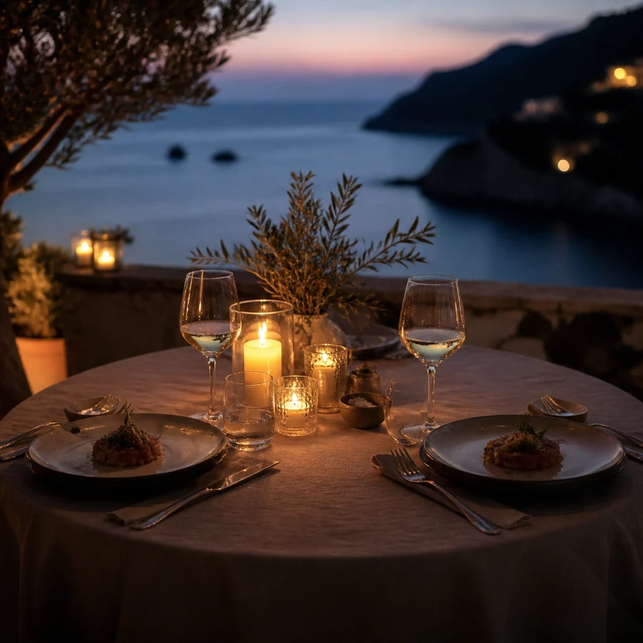Cena di coppia a lume di candela vista mare