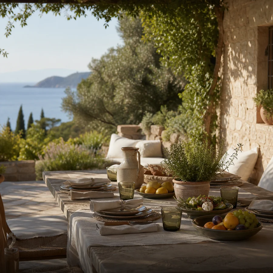 Tavola mediterranea su terrazza per servizio in vacanza