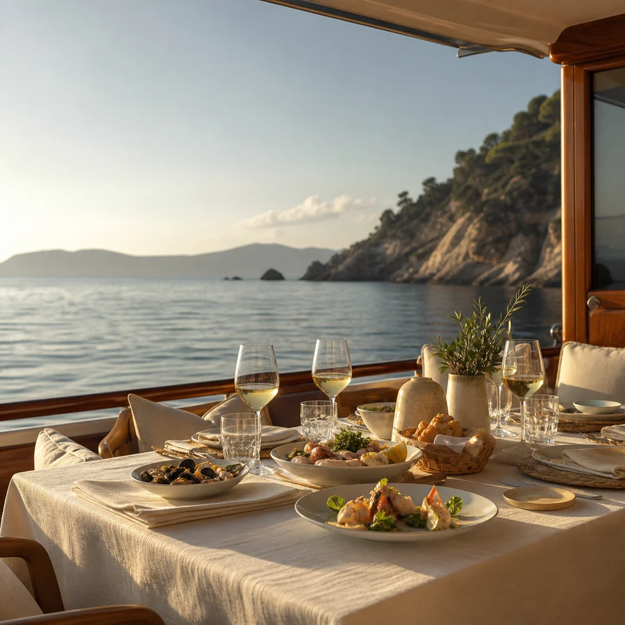 Pranzo o cena in barca con tavola apparecchiata vista mare