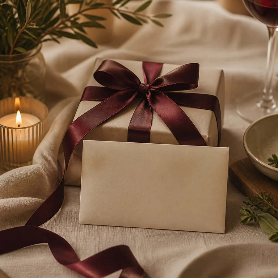 Voucher regalo con nastro color vino su lino chiaro
